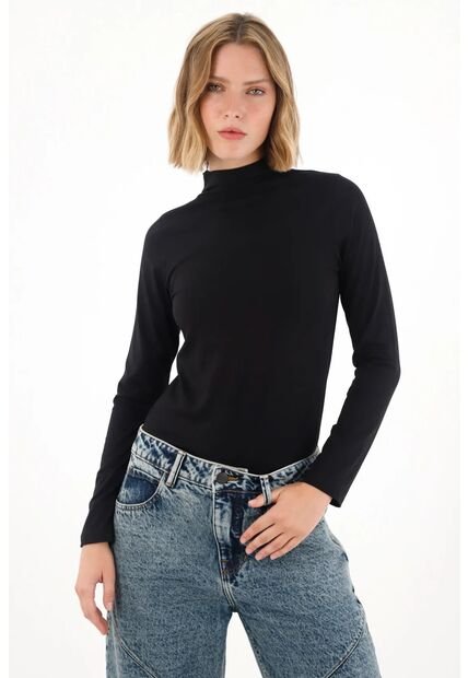 Tennis Camiseta Manga Larga Cuello Tortuga Negra Para Mujer