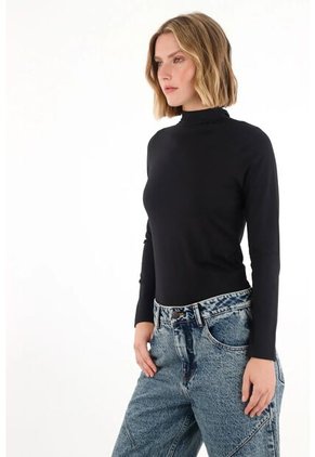 Tennis Camiseta Manga Larga Cuello Tortuga Negra Para Mujer