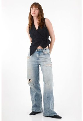 Tennis Jean Wide Leg Tiro Alto Con Rotos Para Mujer