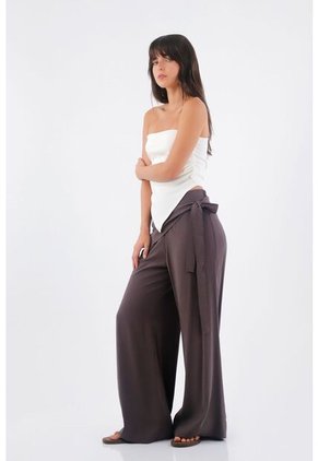 Tennis Pantalón Para Mujer De Tejido Fluido Marrón Palazzo Con Cintura Cruzada