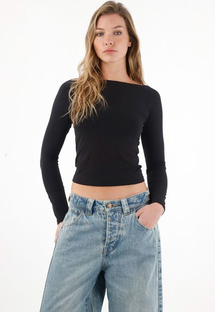 Camiseta Manga Larga Ajustada Negra Para Mujer