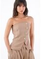 Tennis Top Strapless Para Mujer En Tejido Suave Beige Entallado Con Botones Asimétricos de Tennis