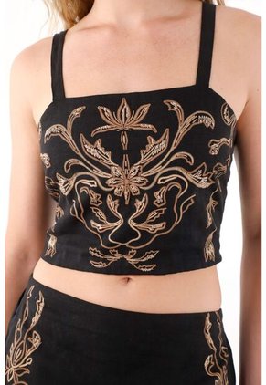 Tennis Camisa Crop De Tiras Bordada Negra Para Mujer