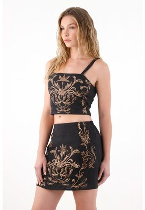 Tennis Camisa Crop De Tiras Bordada Negra Para Mujer