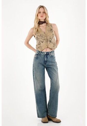 Tennis Jean Wide Leg Tiro Alto Azul Para Mujer