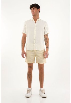 Camisa En 100% Lino Manga Corta Amarilla Para Hombre