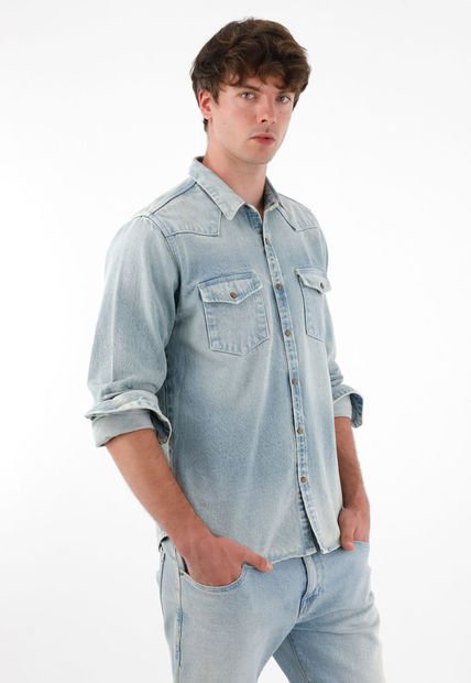 Camisa En Denim Con Bolsillos Azul Para Hombre
