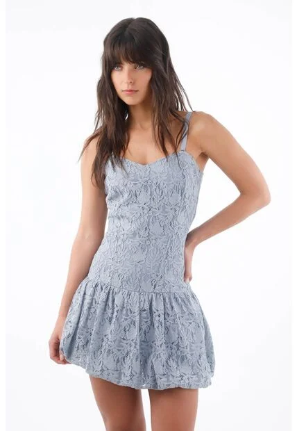 Tennis Vestido Corto Para Mujer De Encaje Azul Cielo Entallado Con Escote Corazón