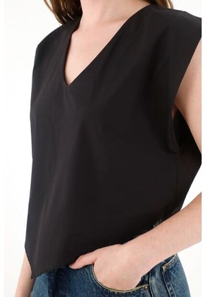 Tennis Camisa Manga Sisa Escote En V Negra Para Mujer