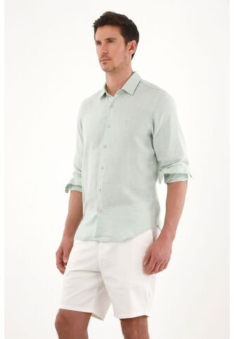 Tennis Camisa En 100% Lino Con Bordado Verde Para Hombre Tennis