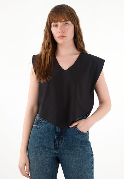 Camisa Manga Sisa Escote En V Negra Para Mujer