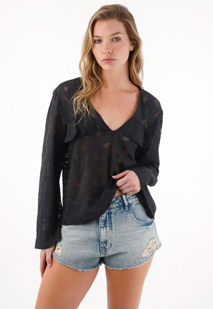 Camisa En Encaje Con Boleros Negra Para Mujer