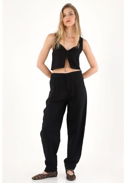 Tennis Pantalón Chino En 100% Lino Negro Para Mujer