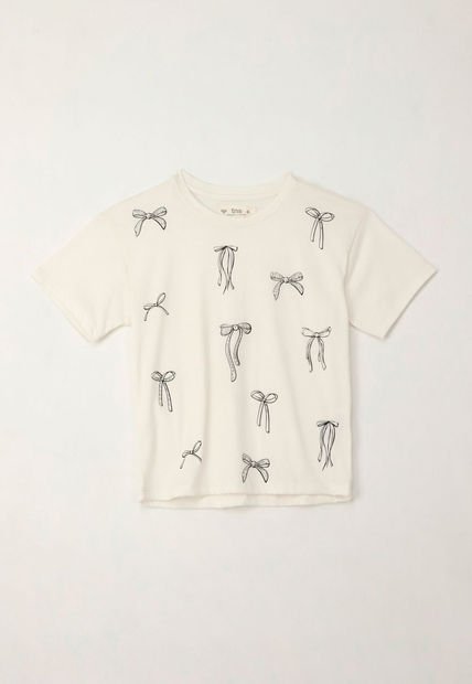 Camiseta Básica Estampada Con Apliques Crudo Para Niña