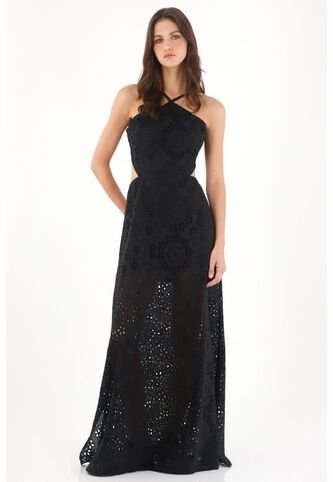 Tennis Vestido Largo De Cuello Halter En Tela Ojalillo Negro Para Mujer Tennis