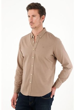 Camisa De Silueta Clásica Con Raqueta Bordada Café Para Hombre