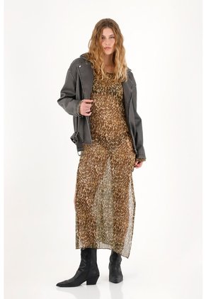 Vestido Largo Traslúcido Animal Print Para Mujer