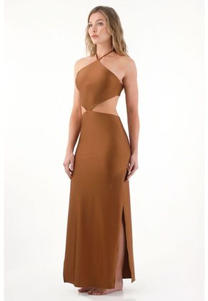 Vestido Largo Con Cut Out En Cintura Café Para Mujer