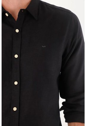 Tennis Camisa Para Hombre Lino Negro Corte Regular Con Botones Claros
