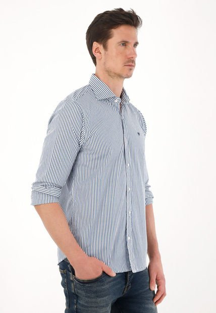 Camisa Azul Manga Larga Con Diseño A Rayas Para Hombre