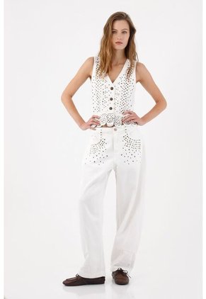Tennis Chaleco Entallado Con Peplum Ondulado Y Taches En Algodón Blanco Para Mujer