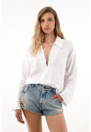 Tennis Camisa Blanca Manga Larga Con Escote 100% Lino Para Mujer