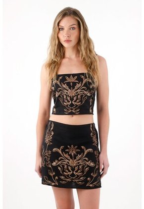 Tennis Falda Corta En Lino Con Bordado Negra Para Mujer