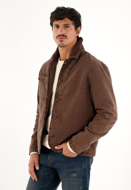 Abrigo Con Cuello En Corduroy Café Para Hombre