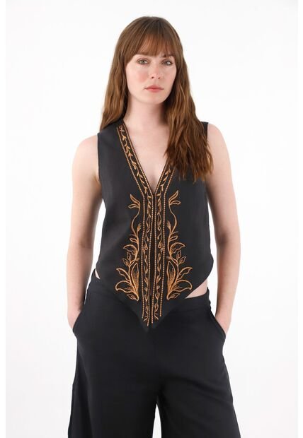 Tennis Chaleco En 100% Lino Con Bordados Para Mujer