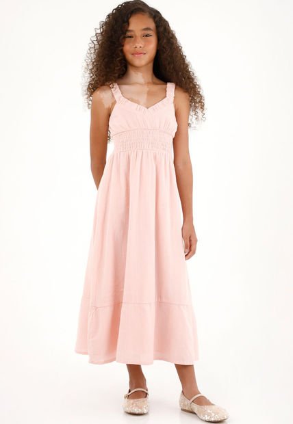 Vestido Rosado Largo Con Elástico En La Cintura Para Niña