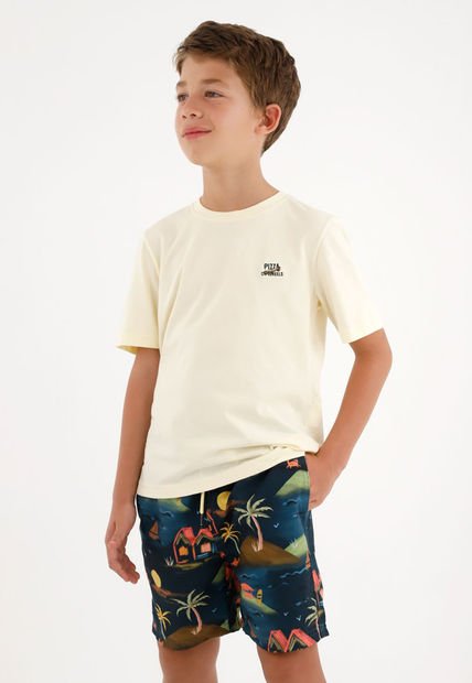 Camiseta Amarilla Básica Con Estampado De Pizza Para Niño