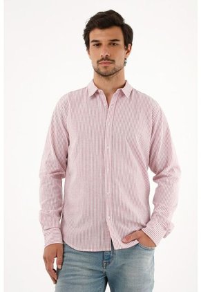 Camisa Rosada A Rayas Manga Larga Para Hombre
