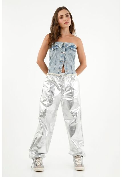 Pantalón Efecto Metalizado Gris Para Mujer