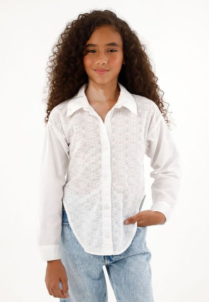 Camisa Clásica Con Ojalillo Blanca Para Niña