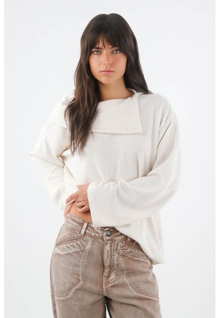 Tennis Buzo Para Mujer En Poliéster Marfil Relajado Con Cuello Envolvente