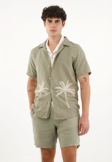 Camisa Tipo Bowling Con Diseño De Palmeras Para Hombre