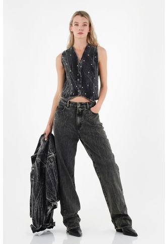 Jean Black Denim Craquelado Para Mujer Tennis