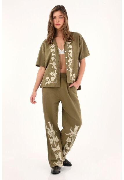 Pantalón Verde Recto Estampado En Bota Para Mujer