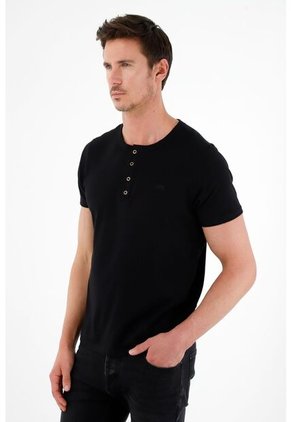 Tennis Camiseta Negra Tipo Henley Para Hombre