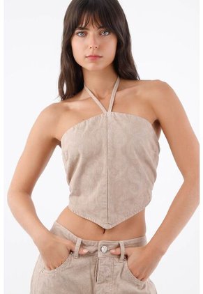 Tennis Top Halter Para Mujer De Algodón Beige Corto Con Tiras