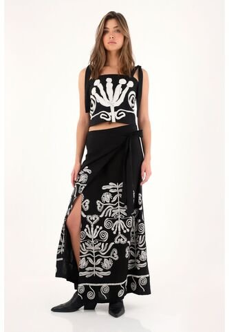 Tennis Falda Larga Negra Tipo Pareo Con Imitación Bordado Para Mujer Tennis