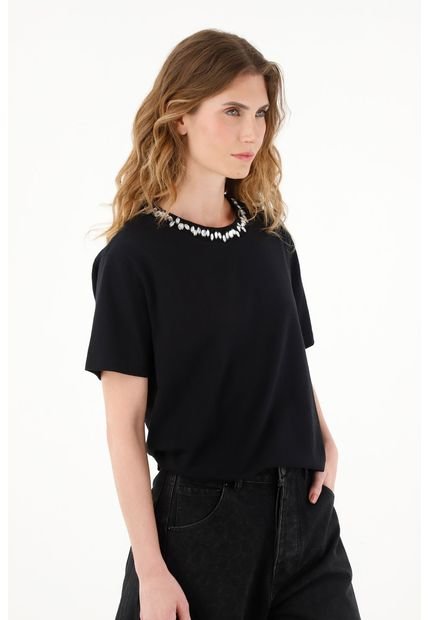 Camiseta Negra Amplia Con Apliques De Brillo Para Mujer