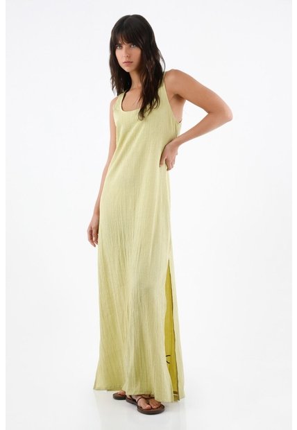Tennis Vestido Largo Para Mujer En Poliéster Verde Lima Fit Relajado Con Textura Arrugada