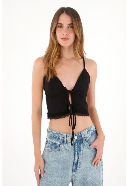 Tennis Crop En Rib Con Detalle De Encaje En El Ruedo Negro Para Mujer