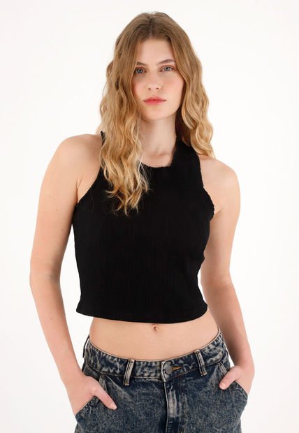 Camiseta Negra En Rib Manga Sisa Para Mujer