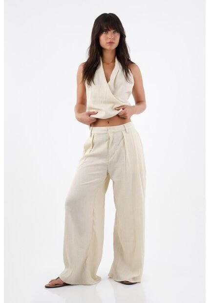Tennis Pantalón Para Mujer De Poliéster Beige Wide Leg Con Textura Arrugada