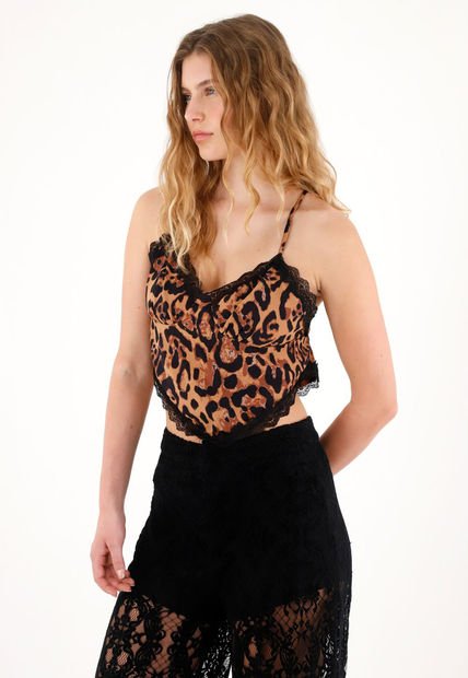 Camisa Crop Estampada Con Encaje Para Mujer