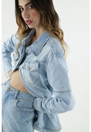 Chaqueta Azul Con Apliques De Piedra Para Mujer