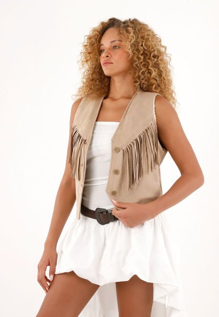 Chaleco En Suede Con Flecos Y Ovejero Para Mujer