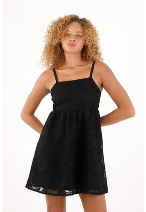 Tennis Vestido Negro Corto En Tela Bordada Para Mujer